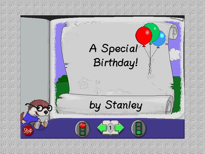 Stanley's Sticker Stories (Windows) screenshot: The player can view a sample story to get an idea of how his own creation can look