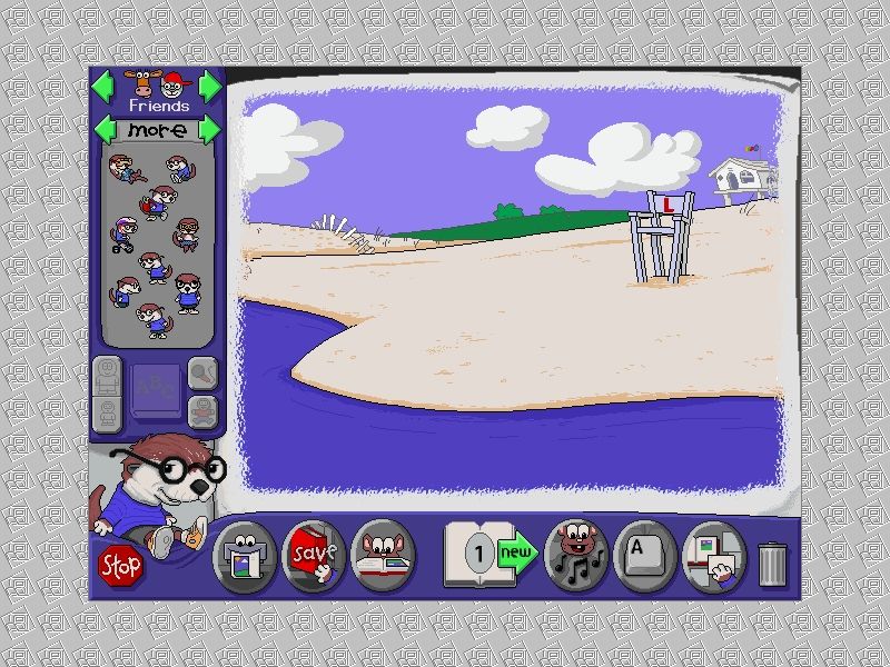 Stanley's Sticker Stories (Windows) screenshot: Starting with a background scene, the player now chooses characters from the sticker section