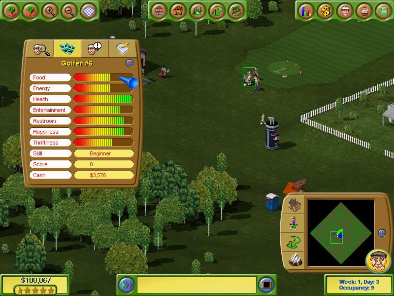 Golf Resort Tycoon II (Windows) screenshot: This golfers statistics