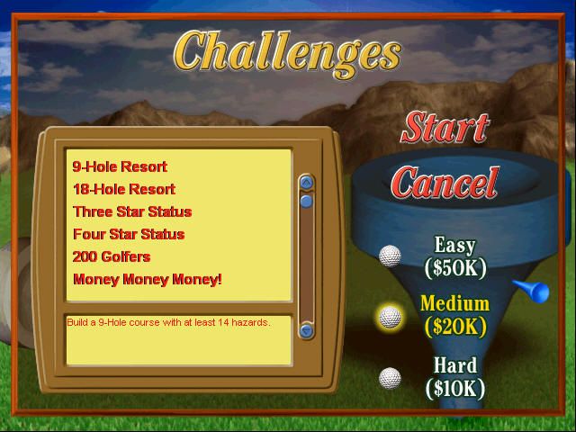 Golf Resort Tycoon II (Windows) screenshot: Challenges screen