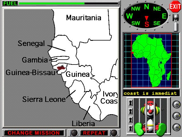 GeoRunner (Windows) screenshot: Dropping in to collect a key from an African nation