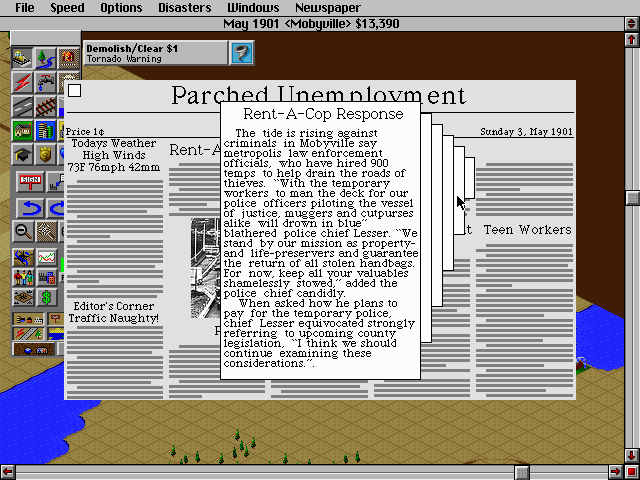 SimCity 2000 (DOS) screenshot: Reading a newspaper