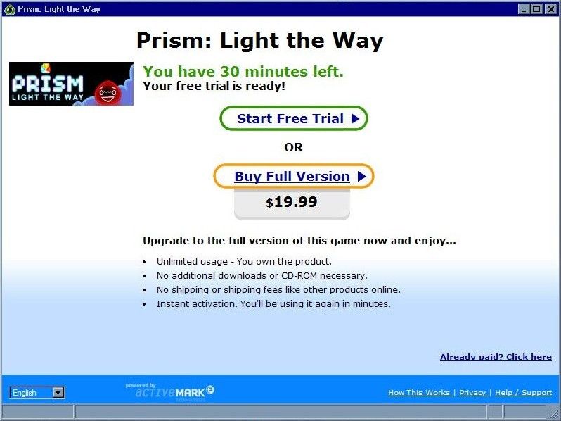 Prism: Light the Way (Windows) screenshot: In the shareware version, you get this screen first.