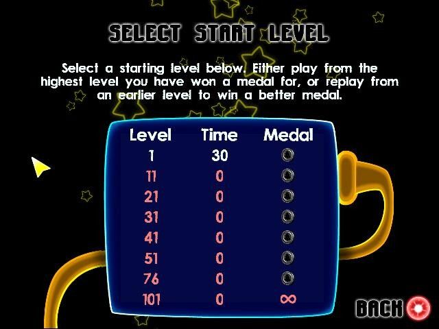 Prism: Light the Way (Windows) screenshot: Choosing "Time', it asks me what level to start at.