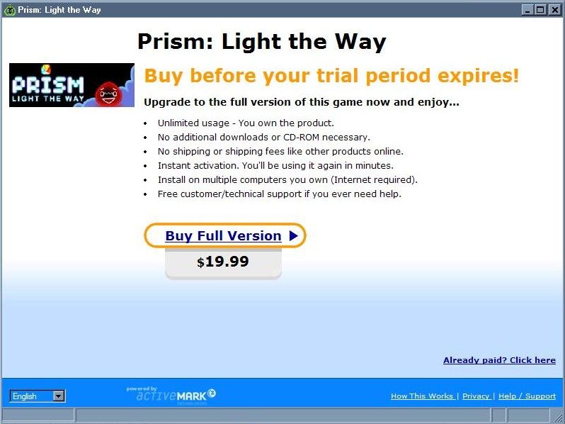 Prism: Light the Way (Windows) screenshot: When you exit the shareware release, you get this screen.