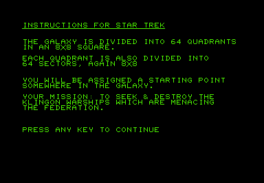 Star Trek (Commodore PET/CBM) screenshot: Instructions