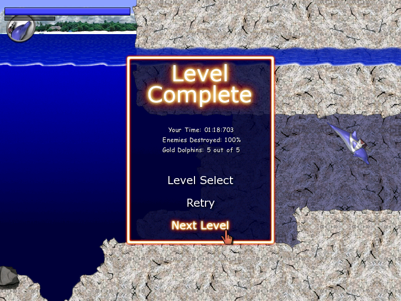 Laser Dolphin (Windows) screenshot: Level complete! Let's see how well I did.