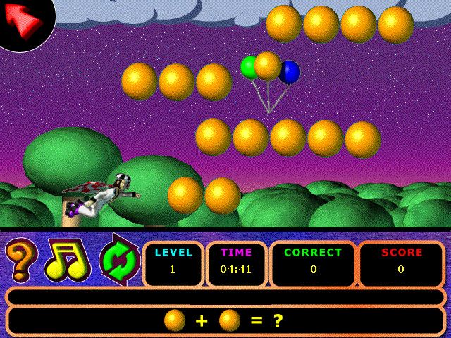 Superheroes Math Challenge (Windows) screenshot: Level 1 challenge -- counting fruit with Groovin' Gourmet over the forest