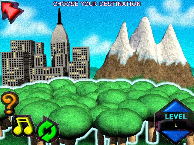 Superheroes Math Challenge (Windows) screenshot: Select a terrain type to fly over -- forest, city, or mountains