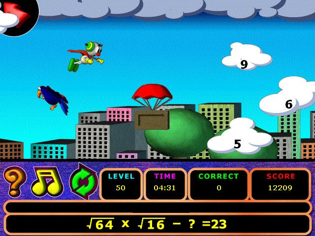 Superheroes Math Challenge (Windows) screenshot: Level 50 challenge -- square roots, multiplications, and the occasional negative numbers; flying with Blit over the city