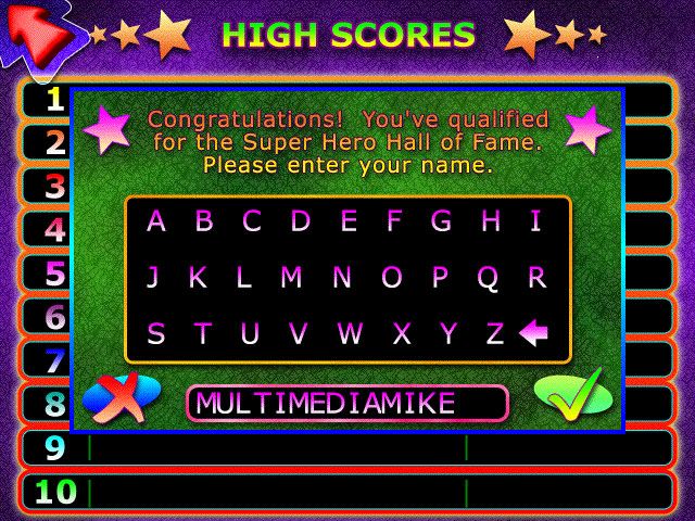 Superheroes Math Challenge (Windows) screenshot: Name entry for the high scores
