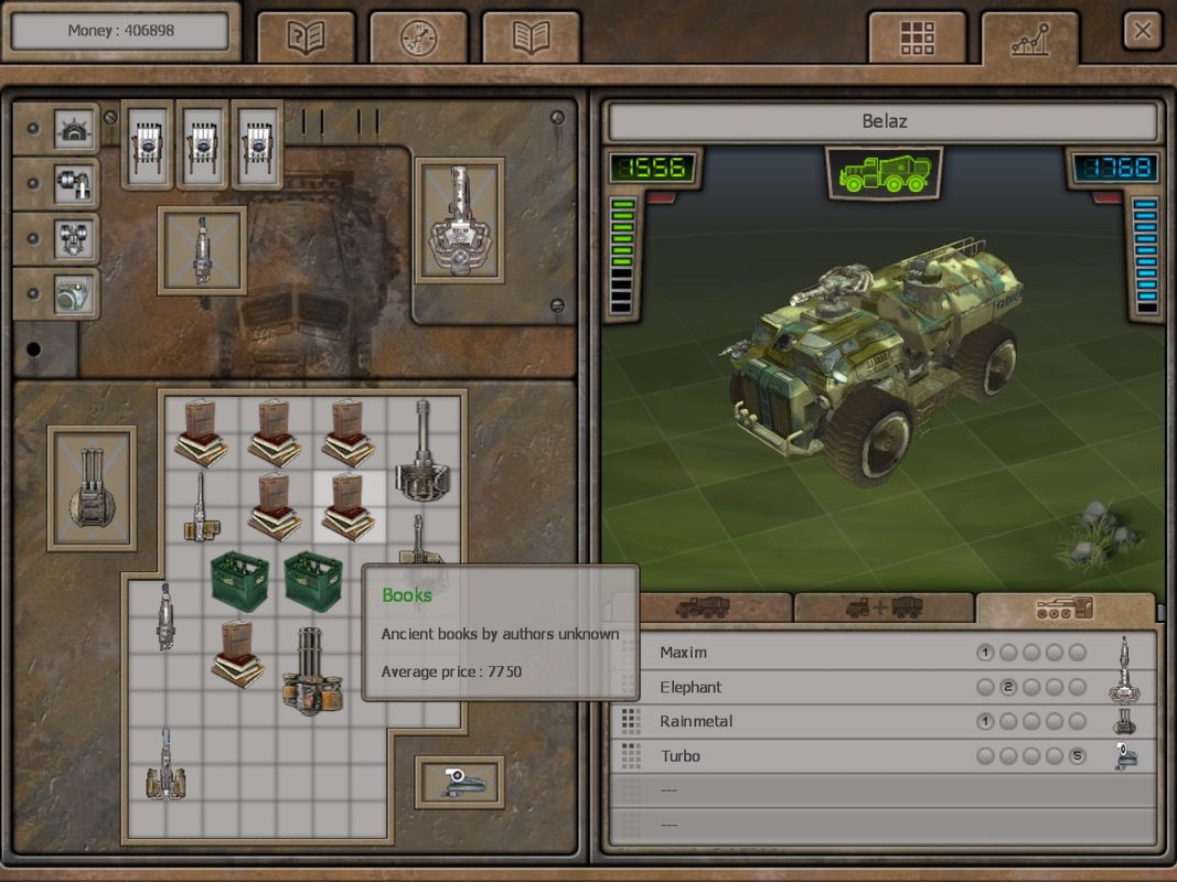 Hard Truck: Apocalypse (Windows) screenshot: The cargo screen shows everything you're transporting and your weapons