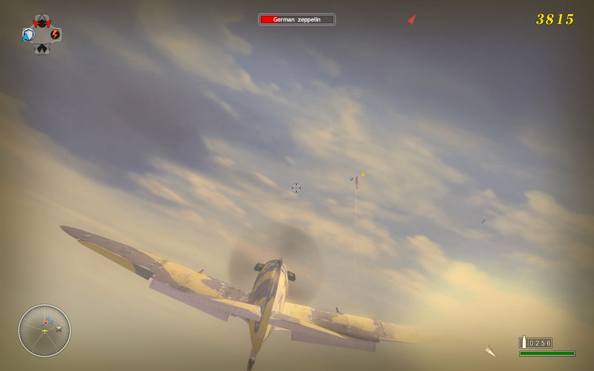 Blazing Angels 2: Secret Missions of WWII (Windows) screenshot: The aircraft in front with the yellow icon gives an ammo bonus once shot.