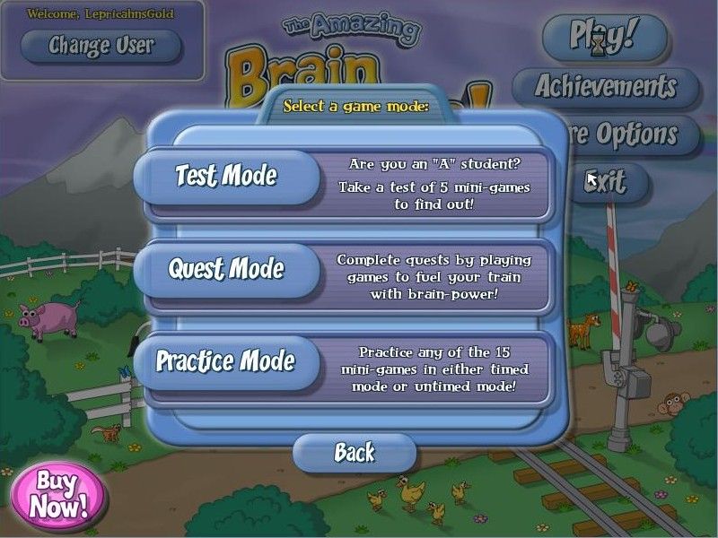 The Amazing Brain Train! (Windows) screenshot: Select mode, either test, quest or practice.