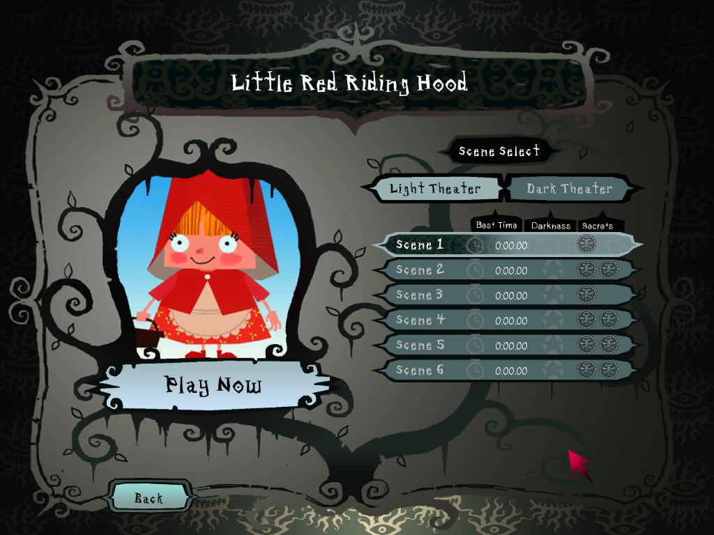 American McGee's Grimm: Little Red Riding Hood (Windows) screenshot: Scene selection (light theatre)