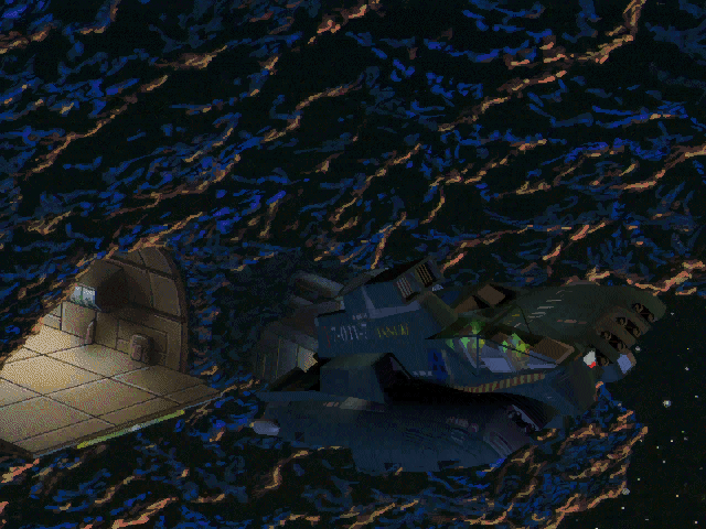 The Orion Conspiracy (DOS) screenshot: Flying out the asteroid in escape pod...