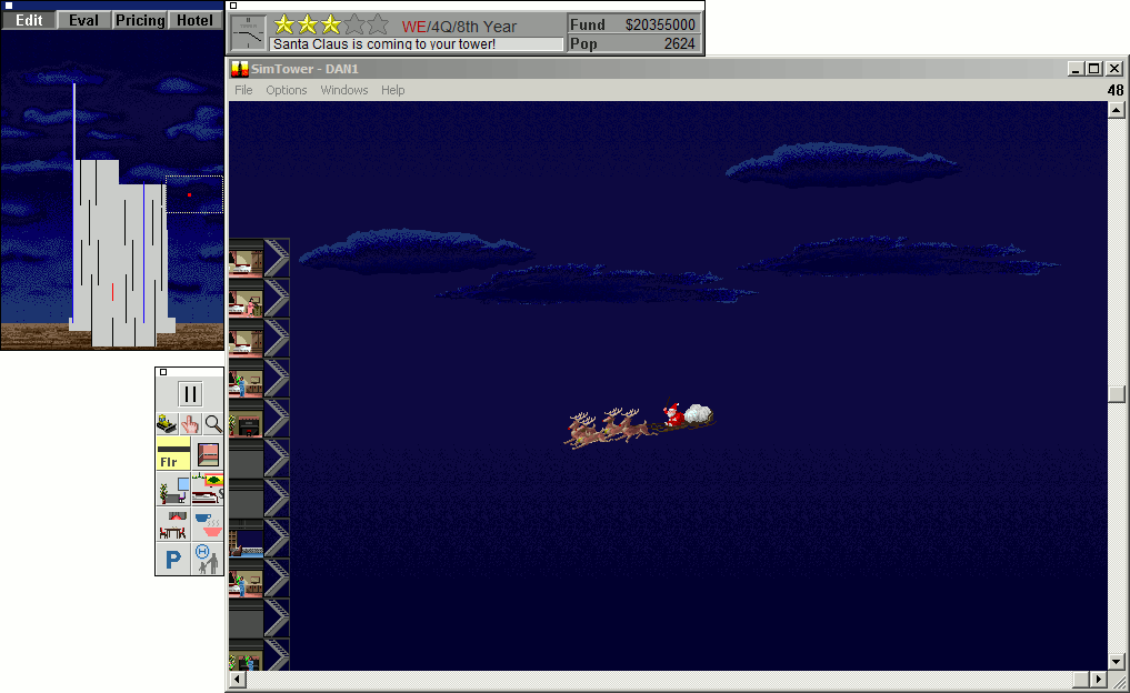 SimTower: The Vertical Empire (Windows 3.x) screenshot: Santa Claus is coming to your tower!
