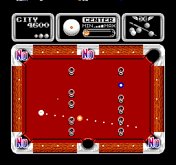 Side Pocket (NES) screenshot: Trick shot; attempt to sink the all without breaking anything.