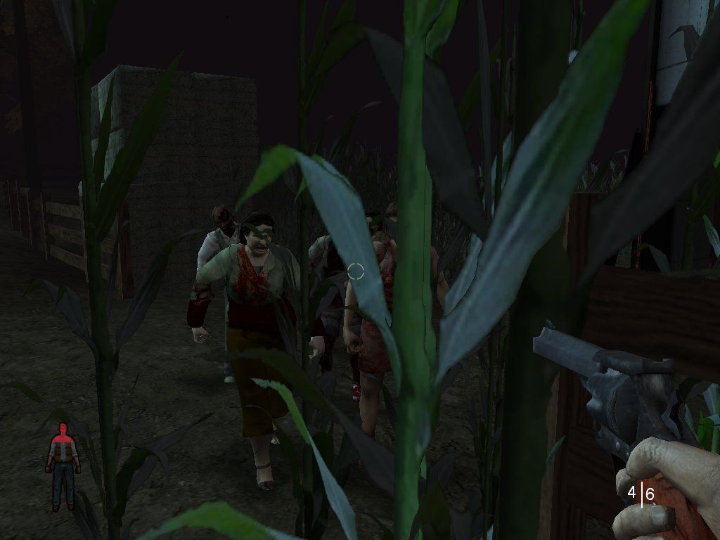 Land of the Dead: Road to Fiddler's Green (Windows) screenshot: A bunch of zombies chasing me in the cornfields