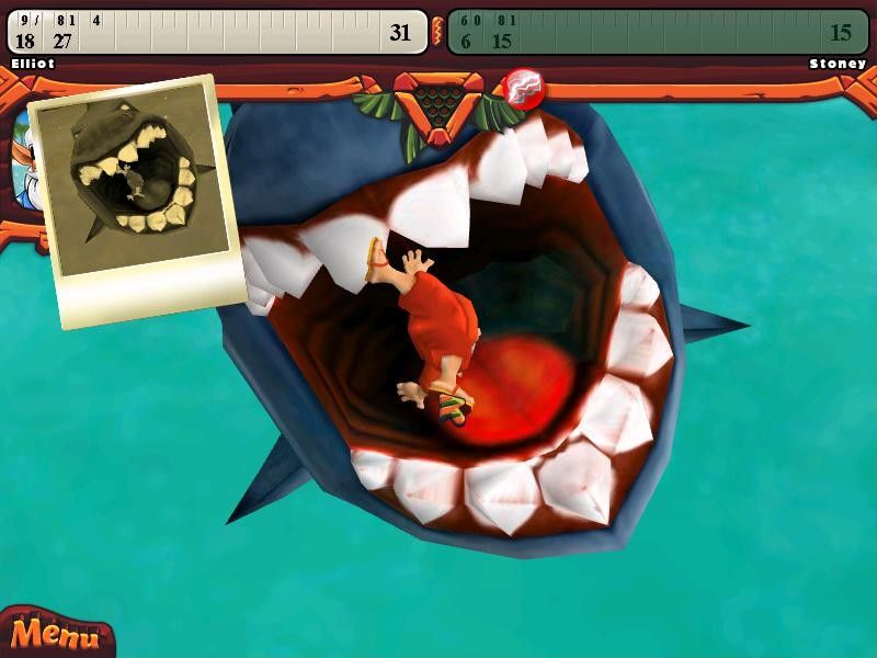 Elf Bowling: Hawaiian Vacation (Windows) screenshot: When you get a spare, sometimes a shark eats an elf.