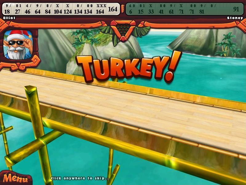 Elf Bowling: Hawaiian Vacation (Windows) screenshot: A turkey! (Three strikes in a row)
