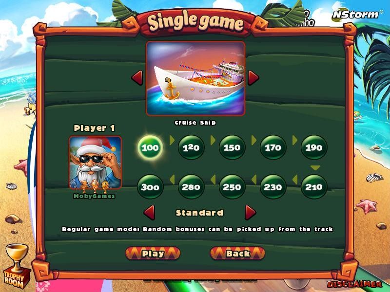 Elf Bowling: Hawaiian Vacation (Windows) screenshot: In a single player game, select points to play to and mode of play.