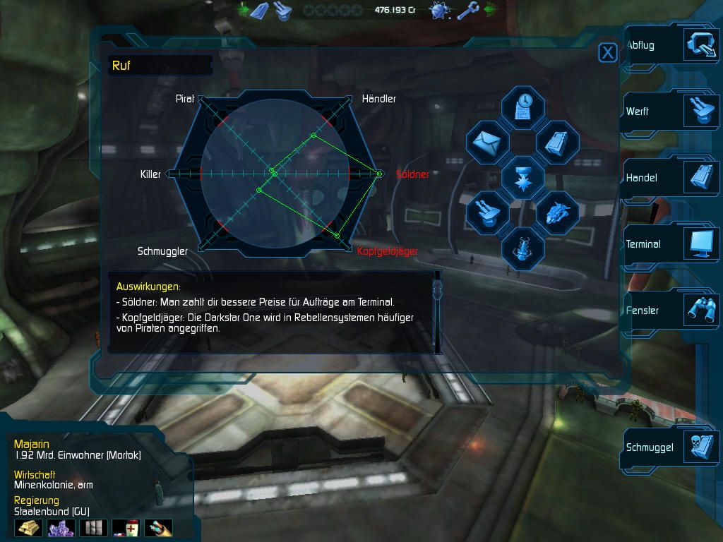 Darkstar One (Windows) screenshot: The reputation screen, reputation has quite some impact on gameplay