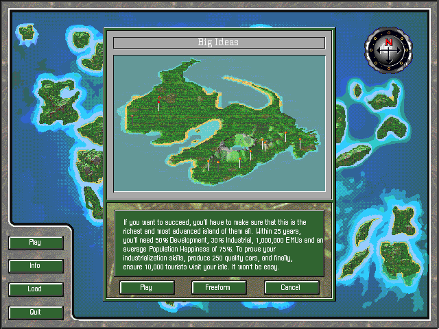 SimIsle: Missions in the Rainforest (DOS) screenshot: Selecting an island