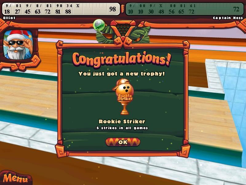 Elf Bowling: Hawaiian Vacation (Windows) screenshot: I won a trophy for 5 strikes in all my games.