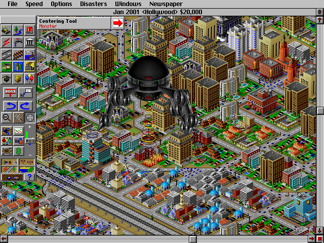 SimCity 2000 (DOS) screenshot: A giant monster causing terror and destruction in Hollywood