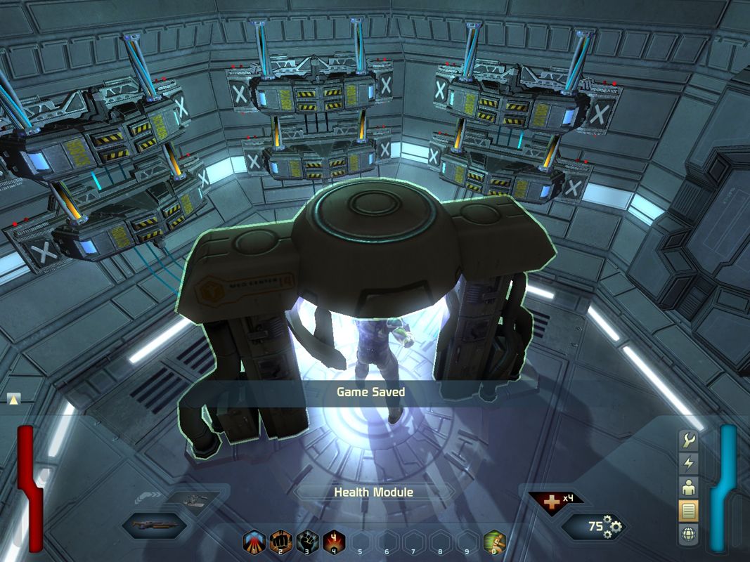 Space Siege (Windows) screenshot: You save your game at these machines.