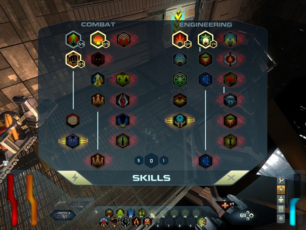 Space Siege (Windows) screenshot: The two skill trees.