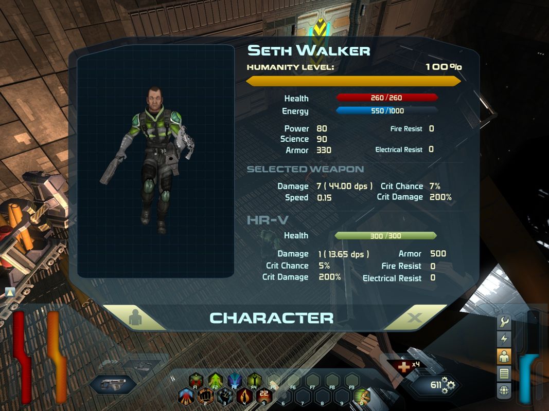 Space Siege (Windows) screenshot: The character info screen with information about Walker, his weapon and HR-V.