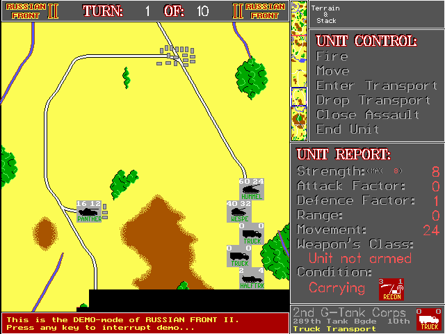 Russian Front II: The Kursk Campaign (DOS) screenshot: Moving troops in the Battle of Minsk (computer vs. computer mode, aka demo).