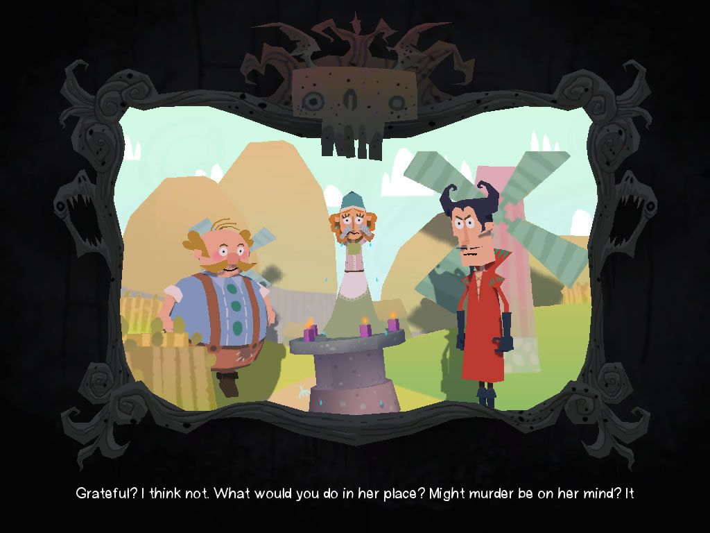American McGee's Grimm: The Girl Without Hands (Windows) screenshot: The devil arrives to claim the miller's daughter (light theatre)