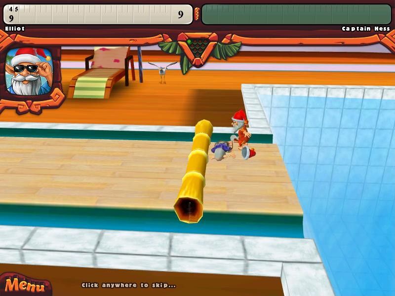 Elf Bowling: Hawaiian Vacation (Windows) screenshot: After you bowl, the bamboo-like stick clears the lane.
