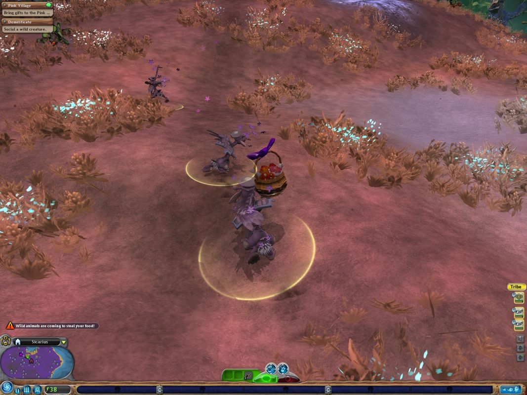 Spore (Windows) screenshot: Bringing a gift basket with food to a nearby tribe to befriend them.