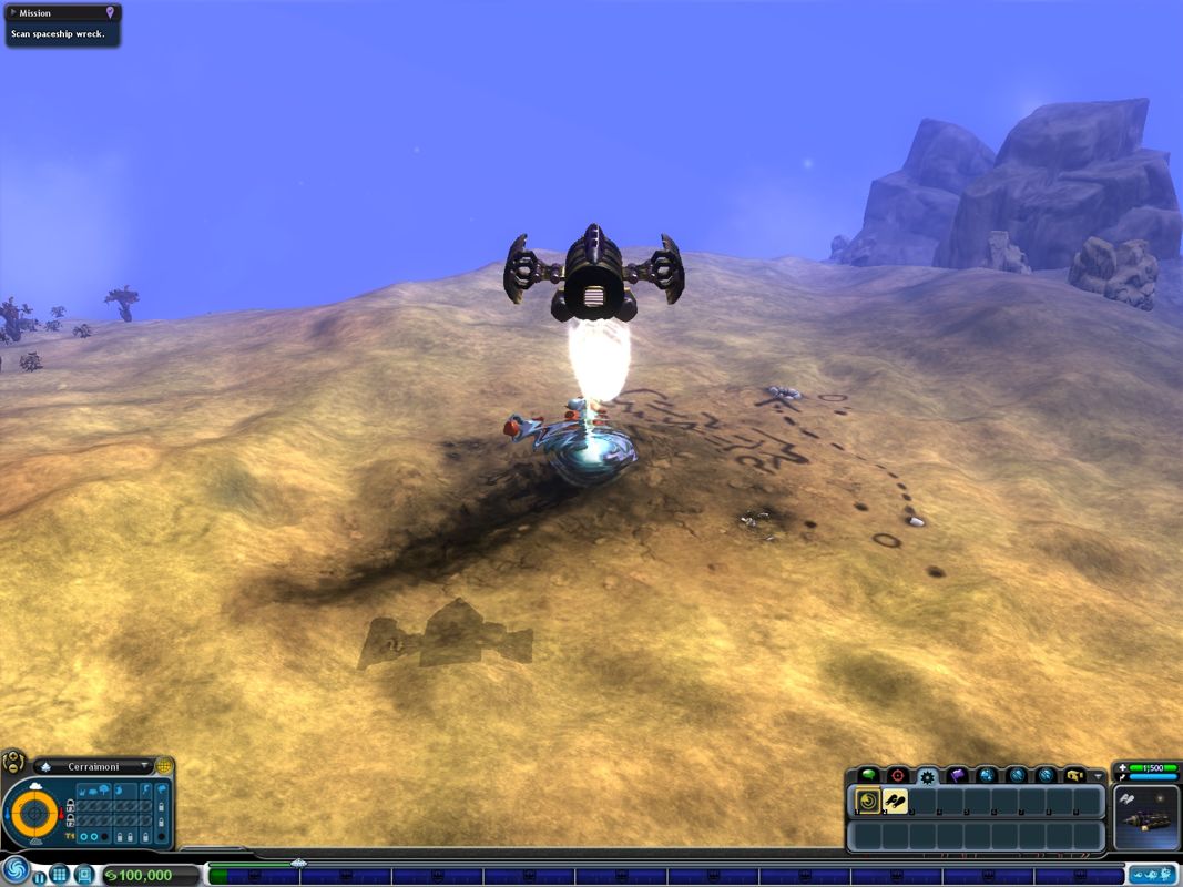 Spore (Windows) screenshot: Scanning a ship wreck on another planet.