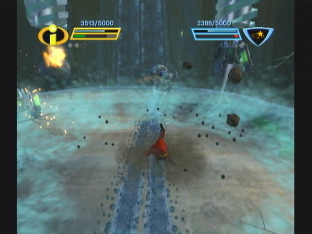 The Incredibles: Rise of the Underminer (GameCube) screenshot: A super move creating waves.