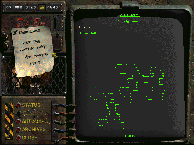 Fallout (Windows) screenshot: Pip boy's map screen