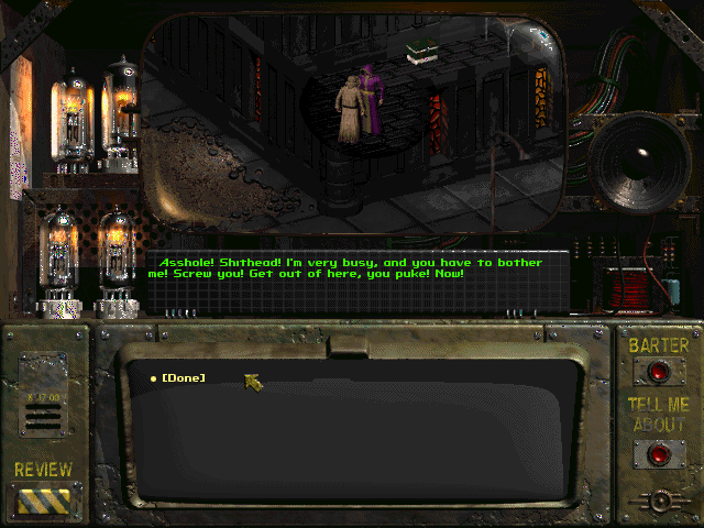 Fallout (Windows) screenshot: Dr. Wu's got a bad case of potty-mouth