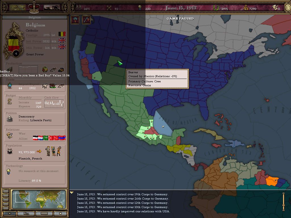 Victoria: Revolutions (Windows) screenshot: The console allows you to use various cheats. The "badboy" command however is not a cheat but shows you your international reputation (the lower the better)