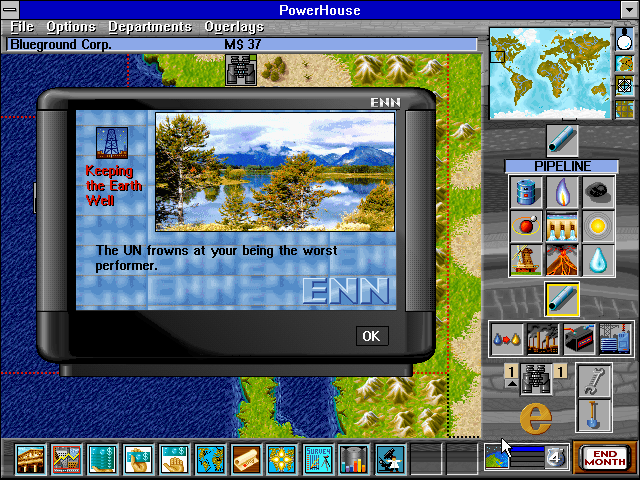 PowerHouse (Windows 3.x) screenshot: The ENN not only picks on you, it also announces random events