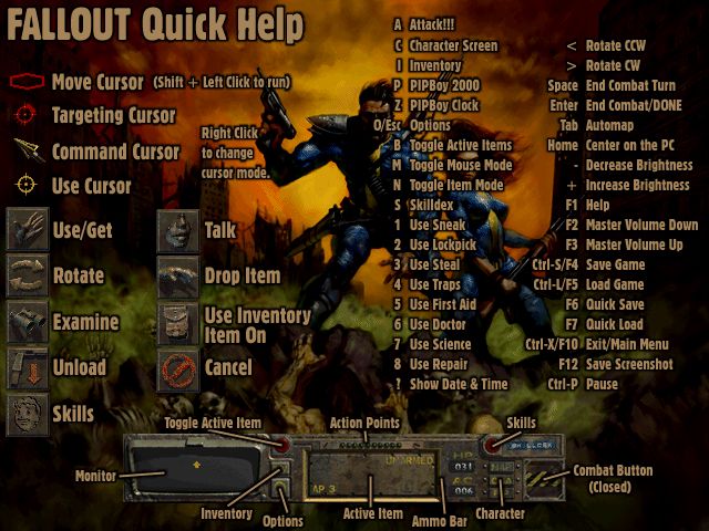 Fallout (Windows) screenshot: Quick Help: Game controls is always the most direct way to give the player an idea of the game play