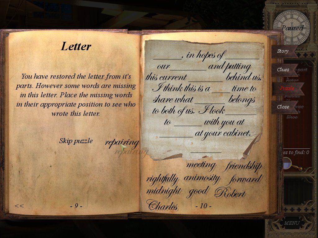 Mystery Chronicles: Murder Among Friends (Windows) screenshot: Missing words mini-game