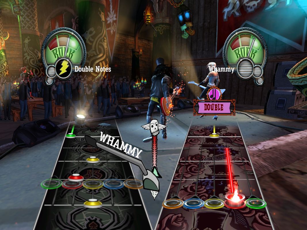 Guitar Hero III: Legends of Rock (Windows) screenshot: A battle against Slash were he used a power-up to deactivate my whammy-bar.