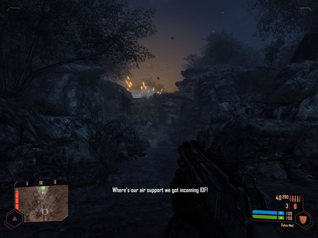 Crysis: Warhead (Windows) screenshot: It was a dark night and only a small light in the distance showed the way.