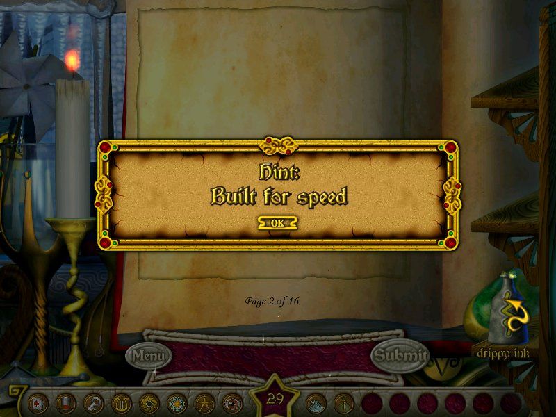 The Wizard's Pen (Windows) screenshot: The hint potion shows a clue about the object.