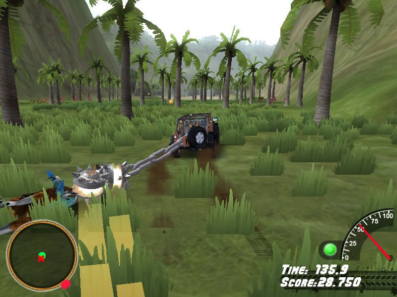 Off-Road Velociraptor Safari (Browser) screenshot: Don't get stuck behind the trees.