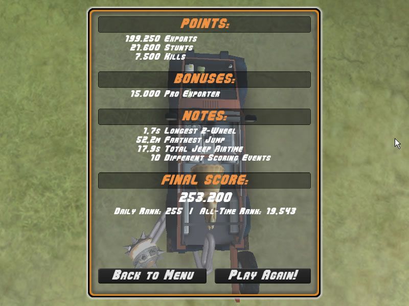 Off-Road Velociraptor Safari (Browser) screenshot: Session complete, the score is shown.